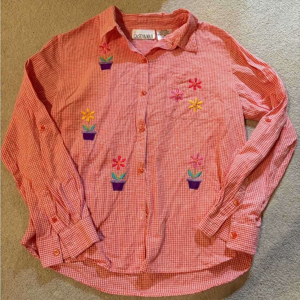 Women’s Orange Checkered Shirt with Floral Embroidery